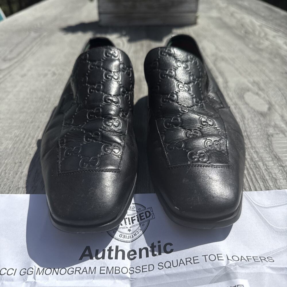 Gucci Dress Loafers GG Monogram Embossed Square Toe Leather Size I 9.5/US 10.5.